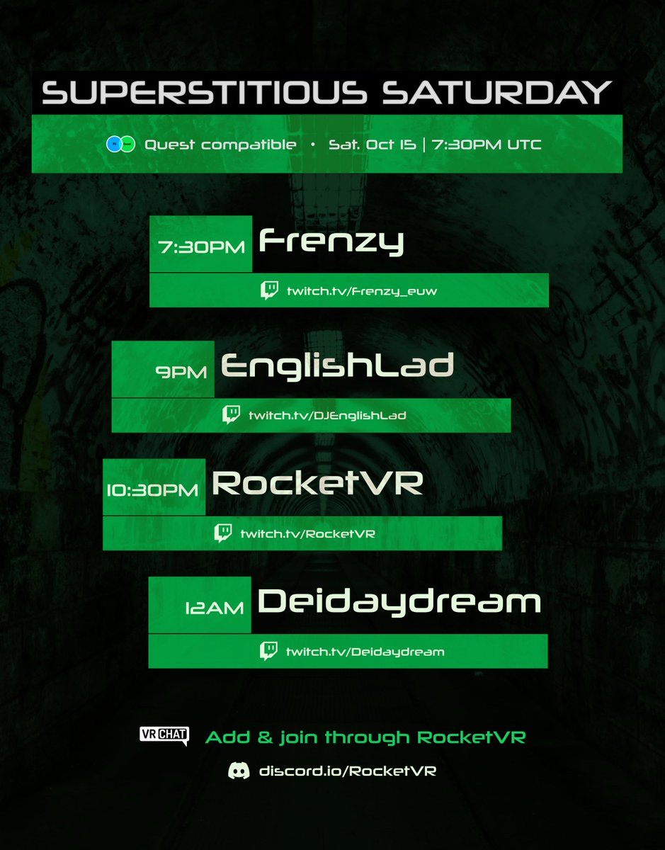 rocket_vr's tweet photo. 🎵Superstitious Saturday by @rocket_vr
🎧Feat. Frenzy, @djenglishlad &amp; @deidaydream
⌚-> 9:30PM CEST // 8:30PM BST // 3:30PM EST
👓Quest Compatible Event!
➡ How to join: Add &amp; Join "RocketVR": https://t.co/7BM0lIxpMn

#VRChat #liveDJ #VR #BASS #DnB #industrial #Quest2 #PICO4 https://t.co/2sq7OHamC2