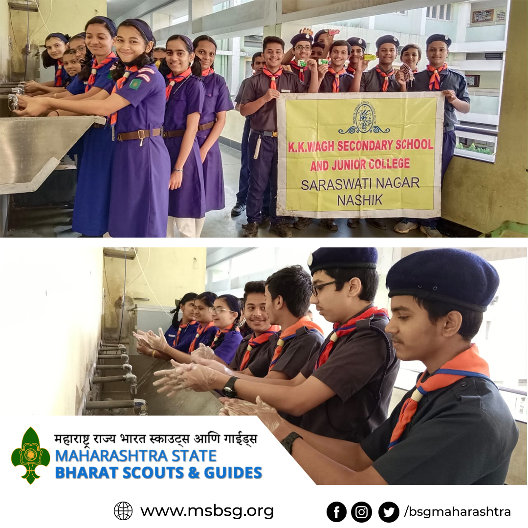 bsgmaharashtra's tweet photo. आज दिनांक १५ ऑक्टोबर रोजी नाशिक भारत स्काऊट्स आणि गाईड्स अंतर्गत के के वाघ इंग्लिश मेडीयम स्कुल येथील स्काऊट आणि गाईड यांनी  " जागतिक हॅण्डवॉश डे " याचे महत्व विशद करून , हात धुण्याचे प्रात्यक्षित करून दाखविले . https://t.co/40k3f7gsgt