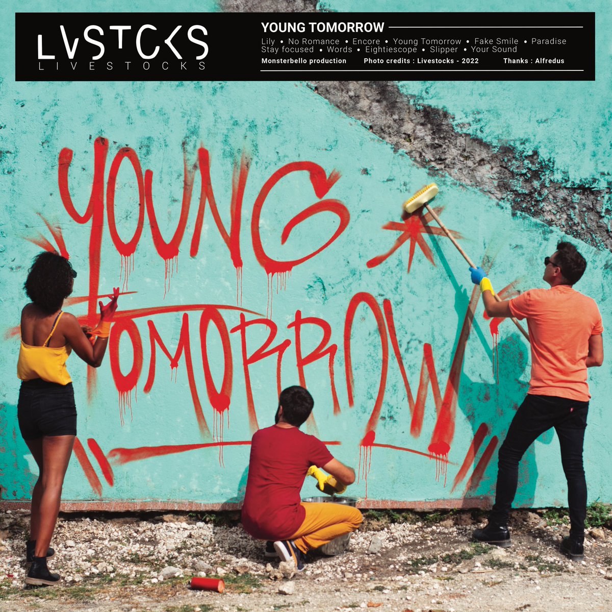 TheLivestocks's tweet photo. Notre Jour J : on est fier de vous présenter notre album "Young tomorrow". 

👉🏽 Rdv sur notre site pour télécharger gratuitement l'album : https://t.co/GWlIF3EJKU
👉🏽 Également disponible sur toutes les plateformes : Spotify, Deezer, Apple https://t.co/fHe7oxrgbZ
