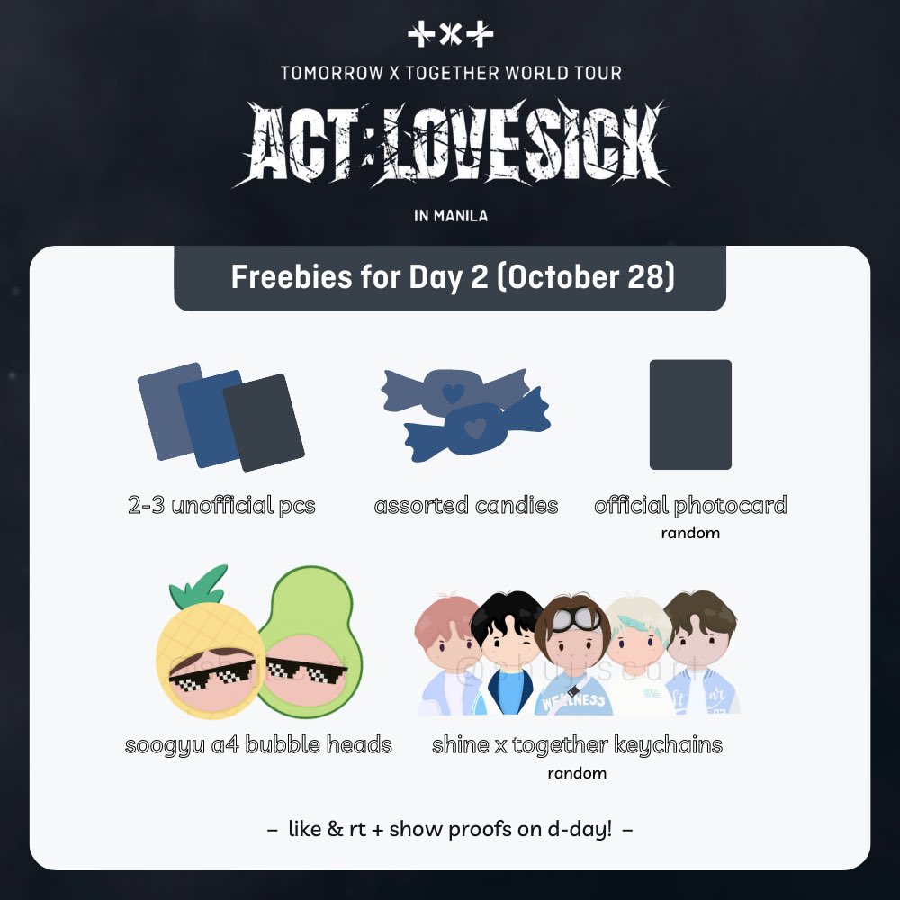 shujiscart's tweet image. ♡ . . .  𝘼𝘾𝙏: 𝙇𝙊𝙑𝙀𝙎𝙄𝘾𝙆 𝙄𝙉 𝙈𝘼𝙉𝙄𝙇𝘼

fan support by @shujiscart &amp;amp; @seungminscart 

🗓️ october 28 (day 2); time &amp;amp; loc tba!

——  mechanics: like &amp;amp; rt

details &amp;amp; updates will be quoted under this twt! hope to see you guys soon&amp;lt;3

#TXTInManila #ACTLOVESICKinMANILA