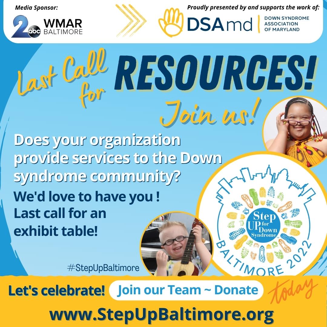 DSAMaryland's tweet photo. Does your organization provide support services to the Down syndrome community? 💛💙  Join us! We want our families to know about what you do! Last call to request a resource table!  Contact us by Mon. Oct 17th to reserve a table.  https://t.co/bX1S02LKbe #StepUpForDownSyndrome https://t.co/F7X9QmC1t7
