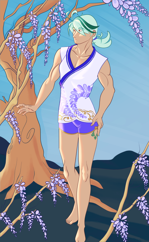 And finally, a better look at the matching wisteria on Kaz's inner vest. Sorry, no topless samurai from me today -_- Maybe another day? #Genshinimpact #Kazuha