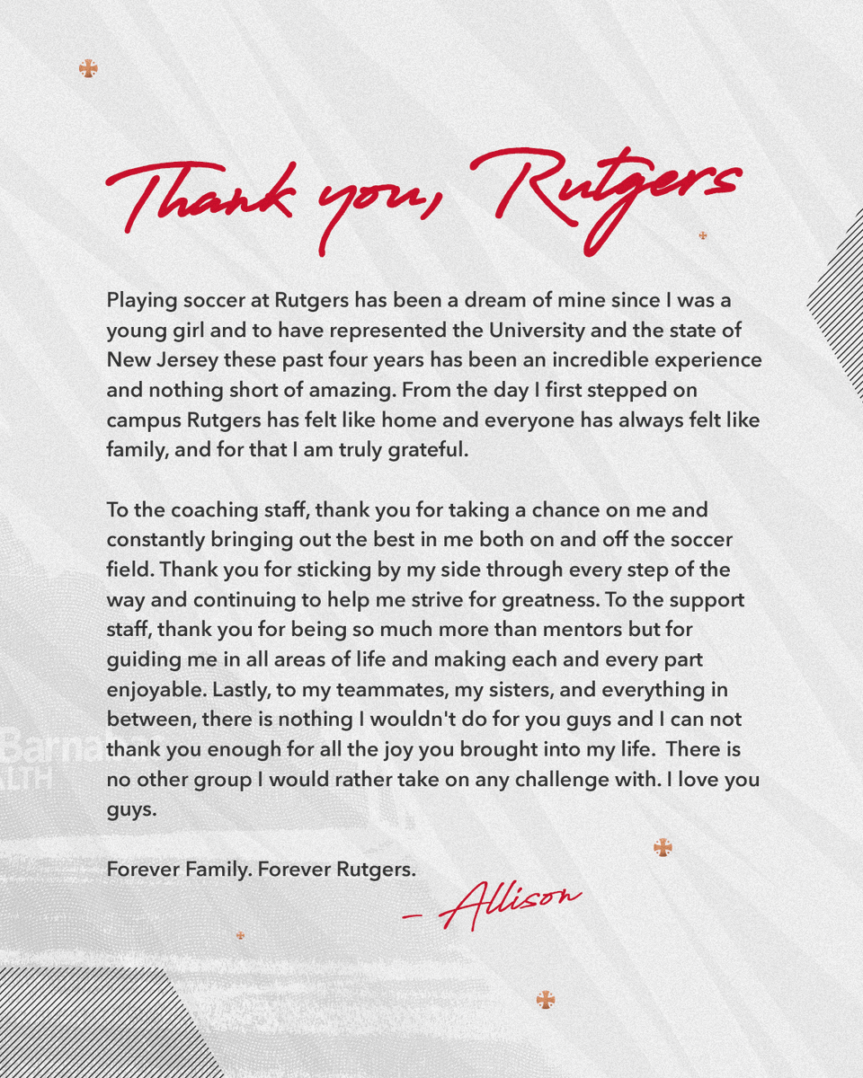 RUWSoccer's tweet photo. Thank You, Allison🤘

🗓 Senior Day 2022 is on Sunday, Oct. 16 at 1 p.m. at Yurcak Field. 

#ForeverRutgers #ForeverFamily https://t.co/ah1toP1bgh