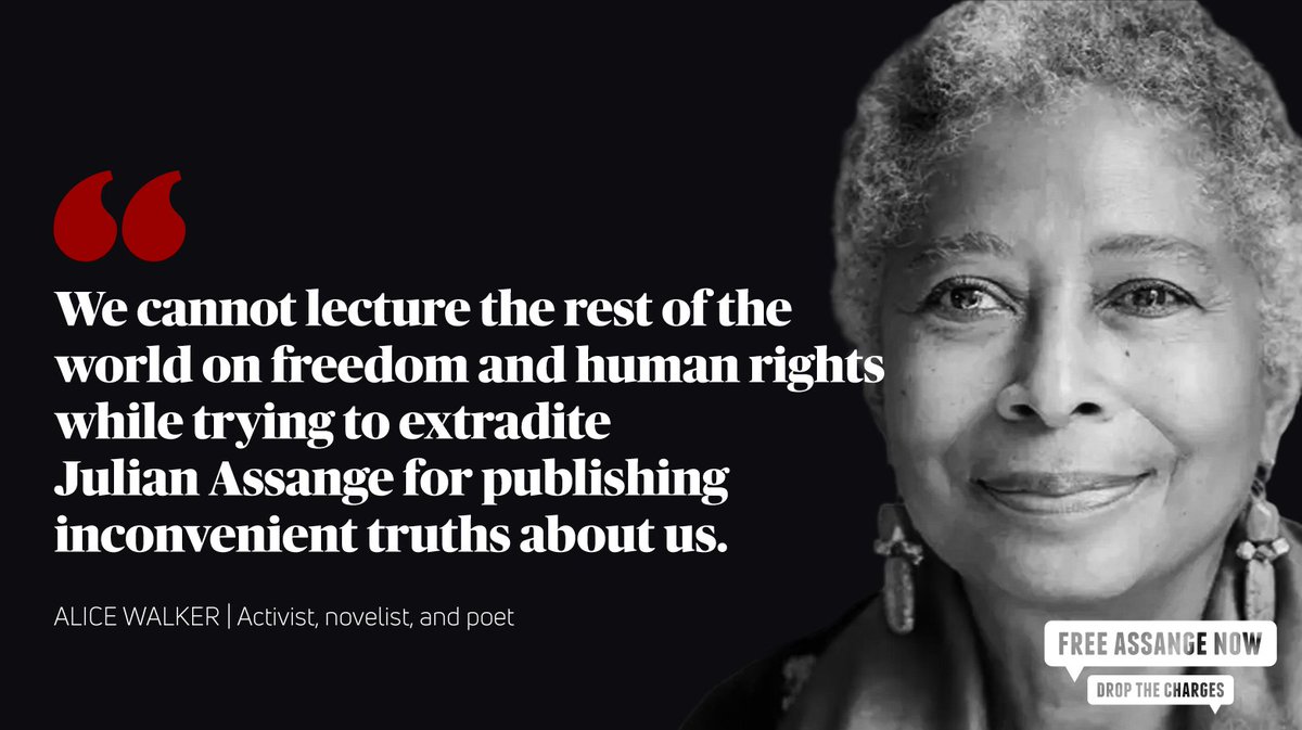 "We cannot lecture the rest of the world on freedom and human rights while trying to extradite Julian Assange for publishing inconvenient truths about us."—Alice Walker #FreeAssangeNOW #DropTheChrges