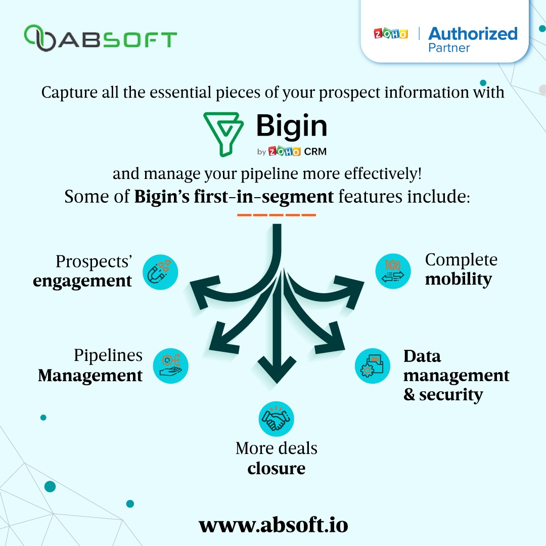Absoft_IT's tweet image. With a minimalist design and built with functionality in mind, Bigin offers the right CRM features to help small businesses improve sales, close more deals, and grow faster.

For more information, visit absoft.io 

#absoft #absoftsolutions #zoho #bigin #lead