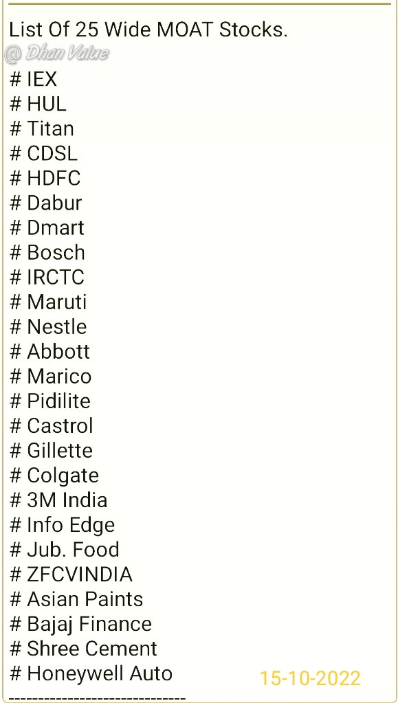 DhanValue's tweet photo. List Of 25 Wide MOAT Stocks. 
6 Traits of wide MOAT stock _ 

1) Low-Cost Provider
2) Network Effect
3) Switching Cost
4) Brand-Name Recognition
5) High Barrier To Entry
6) Intangible Assets https://t.co/SS7mw2G67m