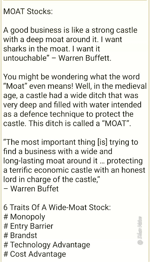 DhanValue's tweet photo. List Of 25 Wide MOAT Stocks. 
6 Traits of wide MOAT stock _ 

1) Low-Cost Provider
2) Network Effect
3) Switching Cost
4) Brand-Name Recognition
5) High Barrier To Entry
6) Intangible Assets https://t.co/SS7mw2G67m