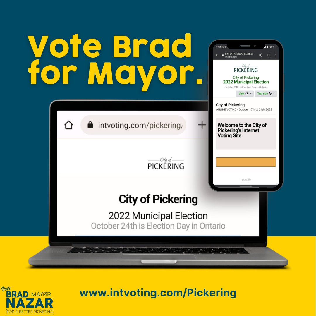 brad4pickering's tweet photo. ✅ online voting begins Monday October 17th in Pickering ✅ 
Your vote matters so vote for a better Pickering.

#pickering #pickeringproud #pickeringon #on #ontario #onpoli #voteearly #follow #election #mayor #bradnazar #brad4pickering #brad4mayor https://t.co/EpKx6gSA3I