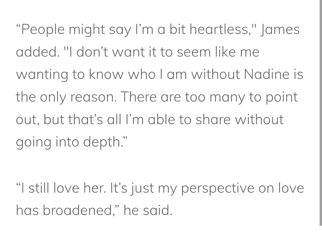 wehustlegirl's tweet photo. FACTS from published magazines: 
James Reid, Mega in Rio early 2020: "People might say I'm a bit heartless.. "

Nadine, Nylon March 2021 : "...it makes you feel like there was something wrong w/ you that's why the person left you... Im slowly ascending from that trauma" https://t.co/bnmJUHDZs2