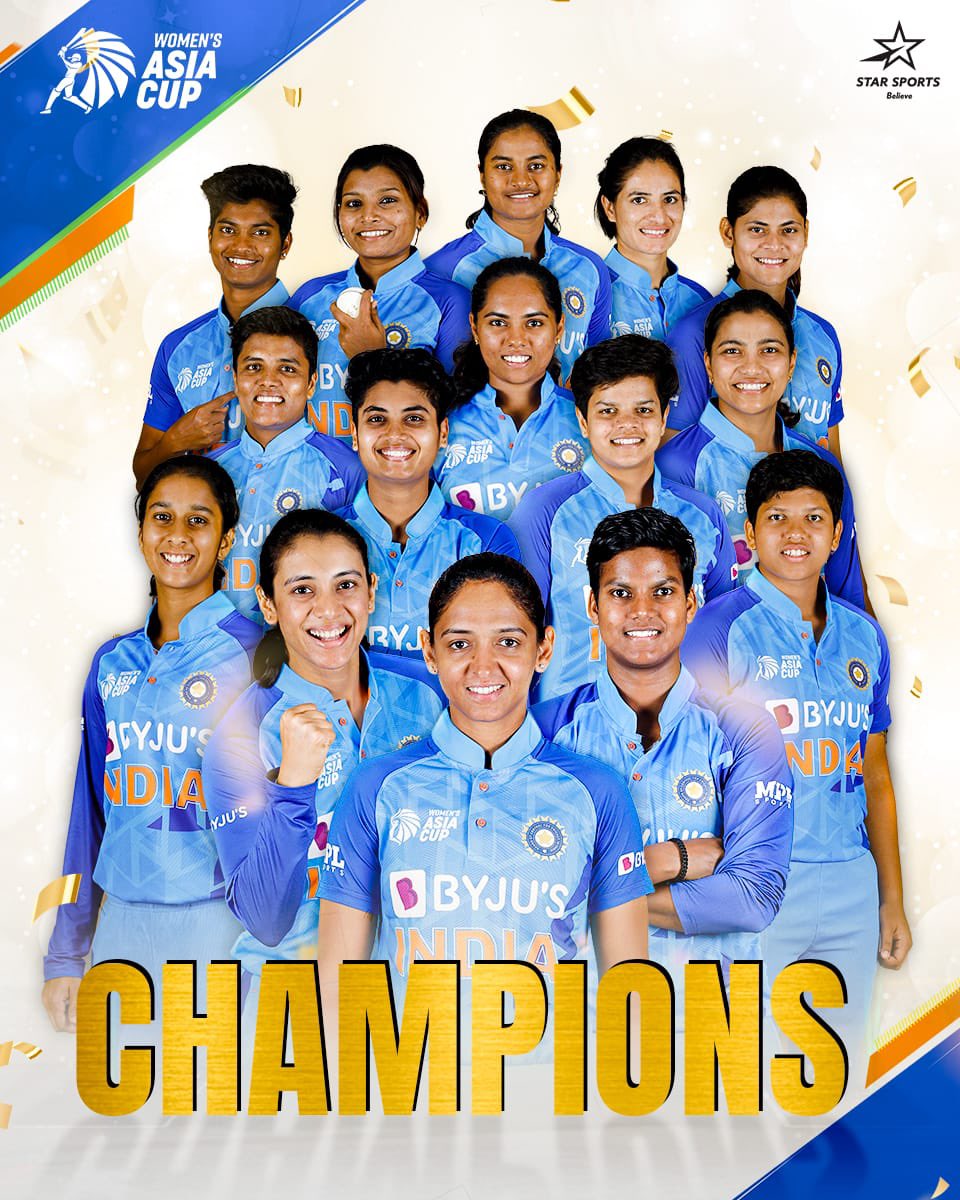 CHAMPIONS 🏆

What a fantastic display of skills by our Women Cricket Team.

Congratulations to our women representing India in the Asia Cup, on winning their 7th Women's Asia Cup.

#WomensAsiaCup2022