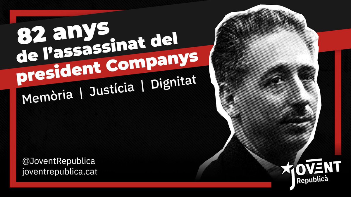 Tal dia com avui fa 82 anys succeí un fet tràgic que no oblidarem mai.

Així doncs, volem recordar i commemorar l’assassinat del President Companys afusellat a Montjuïc. 

🧠Hem de ser conscients que som la memòria; per la injustícia que va  suposar: #NiOblitNiPerdó 

✊🏻MAI MÉS