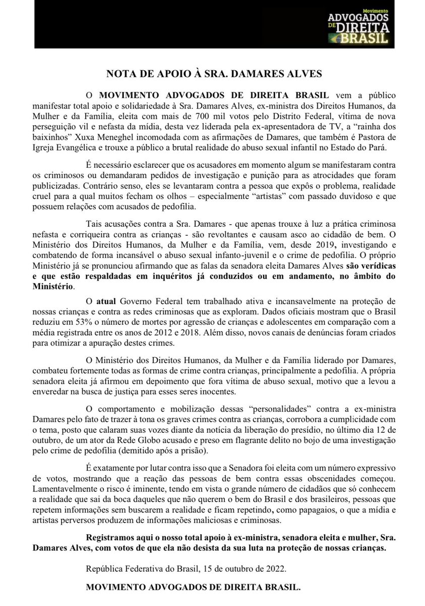 Registramos aqui o nosso total apoio à ex-ministra, senadora eleita e mulher, Sra. Damares Alves, com votos de que não desista da sua luta na proteção de nossas crianças.
<a href="/DamaresAlves/">Damares Alves</a>