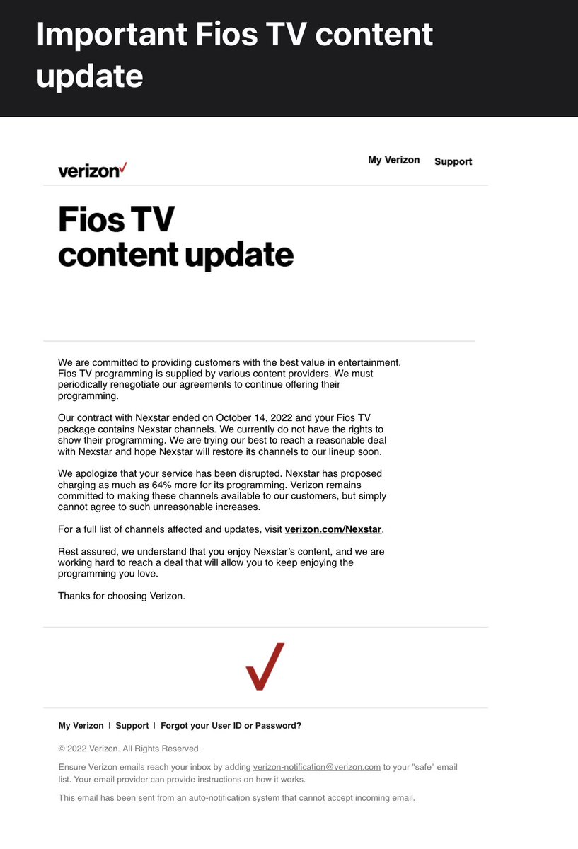 Chris Frederick (@nascarfreddy) on Twitter photo So <a href="/verizonfios/">Verizon Fios</a> is in a contract dispute with a content provider, which means I am getting fewer channels, what is the chance I will see a bill credit for getting less services than I am paying for. Wait, let me guess, 0%. So <a href="/verizonfios/">Verizon Fios</a> is in a contract dispute with a content provider, which means I am getting fewer channels, what is the chance I will see a bill credit for getting less services than I am paying for. Wait, let me guess, 0%.