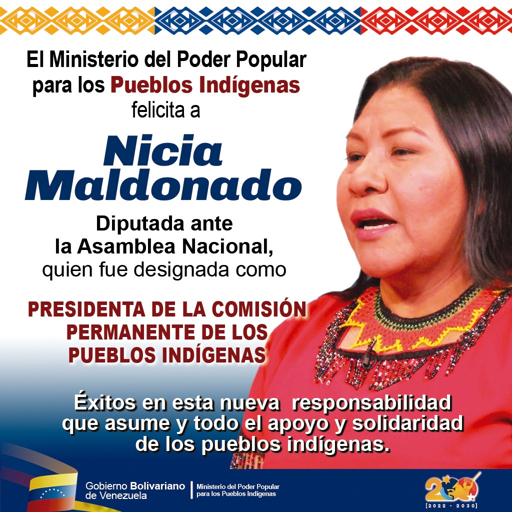 MINPIOFICIAL's tweet photo. Desde @MINPIOFICIAL felicitamos a @MaldonadoNicia, Diputada ante la Asamblea Nacional, quien fue designada como Presidenta de la Comisión Permanente de los Pueblos Indígenas. Éxitos en esta nueva  responsabilidad que asume y todo el apoyo y solidaridad de los pueblos originarios. https://t.co/xHydJ9WS15