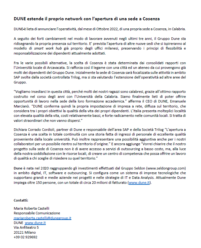 DUNE estende il proprio network con l’apertura di una sede a Cosenza. Comunicato Stampa. #DuneTechCompanies