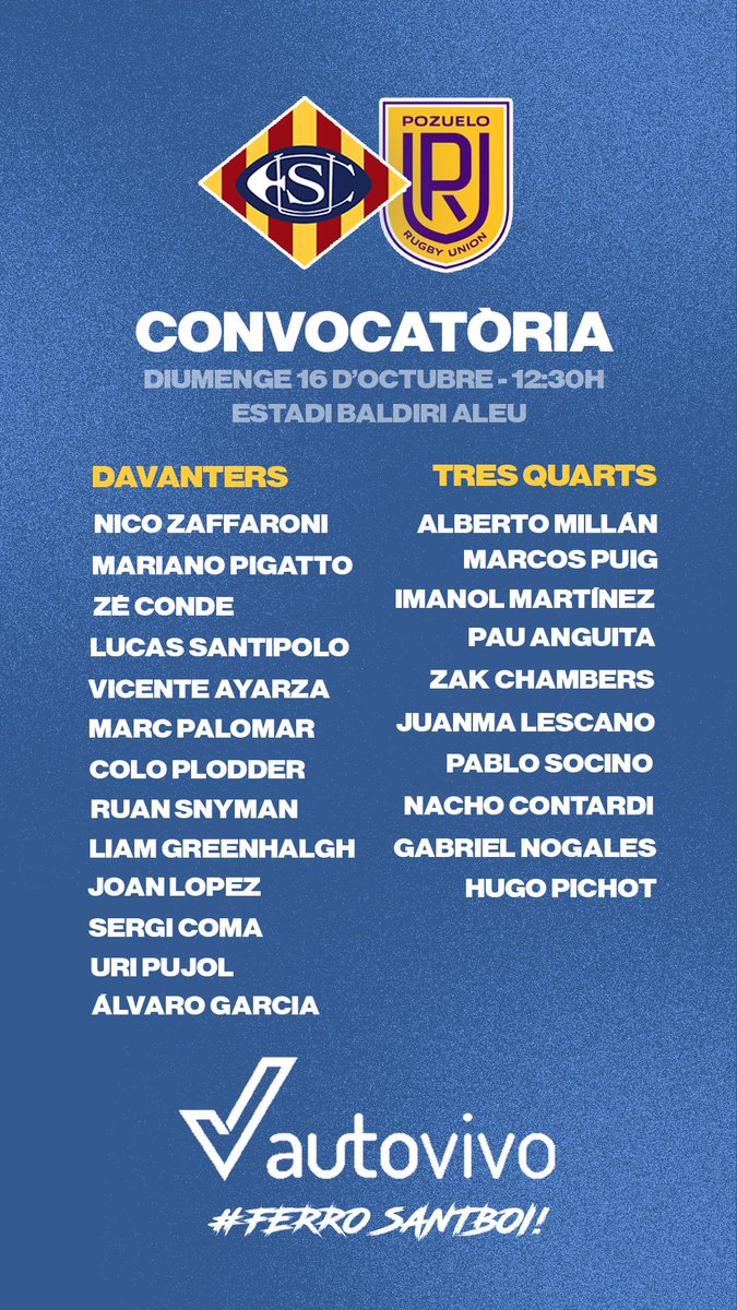📋 Llista de convocats del degà pel partit que ens enfronta demà al Baldiri 𝐯𝐬 <a href="/PozueloRU/">Pozuelo Rugby Union</a> a les 12.30h. 🔵

🏟 Vine al camp per gaudir d’una gran jornada oval. T’esperem! 🏉

#FerroSantBoi