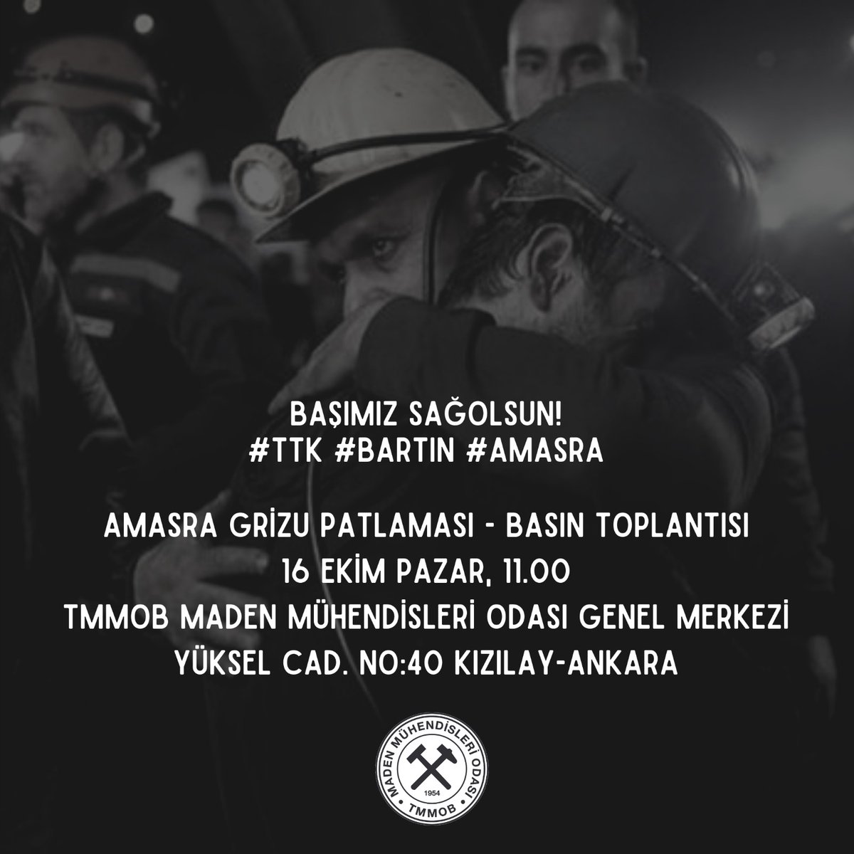MadenMO's tweet photo. 14.10.2022 Cuma günü AMASRA da yaşanan maden faciasına dair 16.10.2022 Pazar günü saat 11:00 de Oda Genel Merkez binamızda basın toplantısı düzenlenecektir.

Değerli katılımlarınızı bekleriz.
MADEN MÜHENDİSLERİ ODASI GENEL MERKEZİ
ADRES: YÜKSEL CAD. NO:40 KIZILAY  ÇANKAYA-ANKARA https://t.co/T0Bit5NoKr