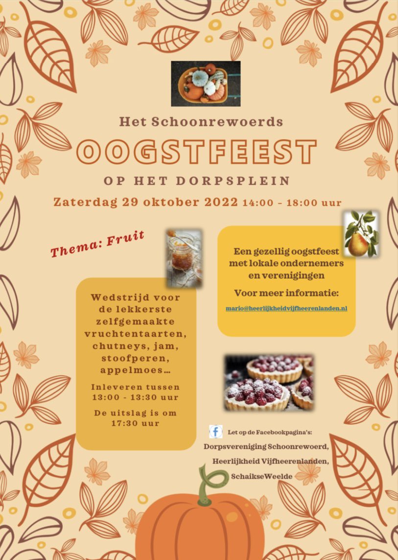 sylvia_terpstra's tweet photo. Op 29 oktober zijn we op het Schoonrewoerds oogstfeest.Kinderen kunnen bij ons een kastanjeknutsel maken en een broodje aan een stok komen bakken. Én we zetten onze vrijwilligers in het zonnetje☀️#oogst #dorp #taarten #gezelligheid #vrijwilligers #schoonrewoerd @5heerenlanden https://t.co/LKOo4GNYnO