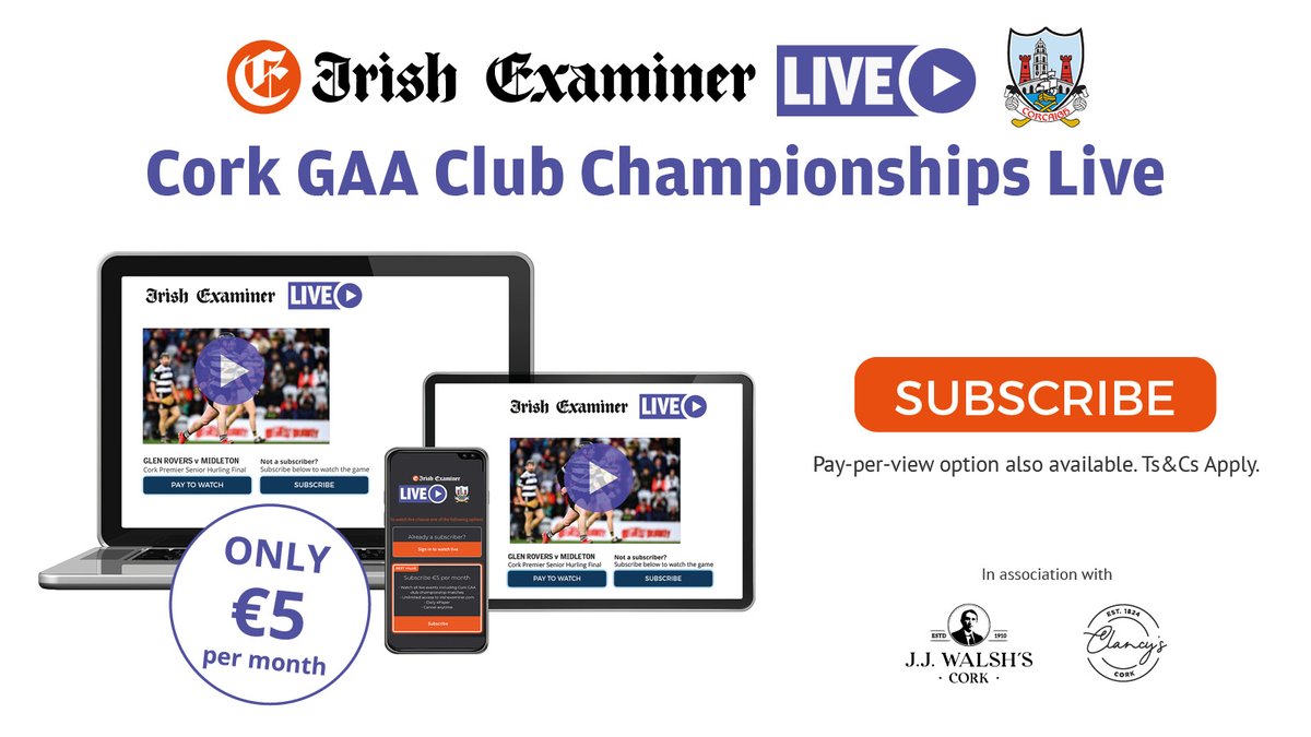 The Irish Examiner in partnership with <a href="/OfficialCorkGAA/">Cork GAA</a> will exclusively live stream tomorrow's PIHC and PSHC finals, in association with <a href="/ClancysCork/">Clancy's Cork</a> &amp; J.J. Walsh’s.

<a href="/ScarraGAA/">Inniscarra GAA</a> V <a href="/CastlemartyrGAA/">Castlemartyr GAA</a>
<a href="/RockiesCork/">Blackrock Hurling</a> V <a href="/the_Barrs/">St Finbarr’s National H&F Club</a> 

**Coverage starts at 1pm**

irishexaminer.com/liveevents/