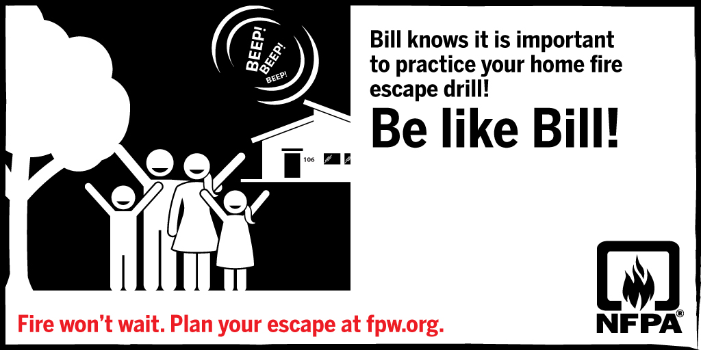 sccfiredept's tweet photo. “Fire won’t wait. Plan your escape”, NFPA Fire Prevention Week. Bill is Prepared because he knows fire won't wait...so he planned his escape! Be Like Bill. https://t.co/DitKixj5OR #homeescapeplan #bepepared #firepreventionweek @sccfiredept @NFPA https://t.co/oYU4F94EQJ