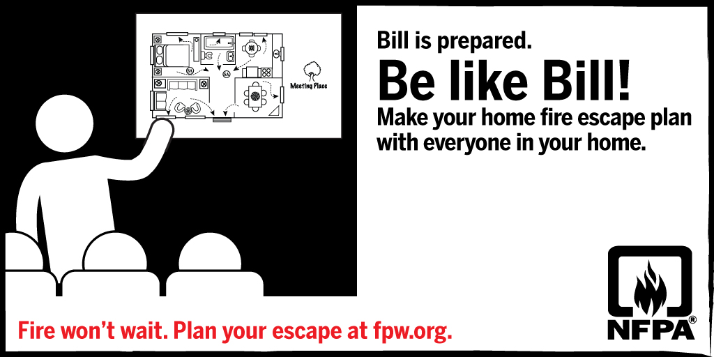 sccfiredept's tweet photo. “Fire won’t wait. Plan your escape”, NFPA Fire Prevention Week. Bill is Prepared because he knows fire won't wait...so he planned his escape! Be Like Bill. https://t.co/DitKixj5OR #homeescapeplan #bepepared #firepreventionweek @sccfiredept @NFPA https://t.co/oYU4F94EQJ