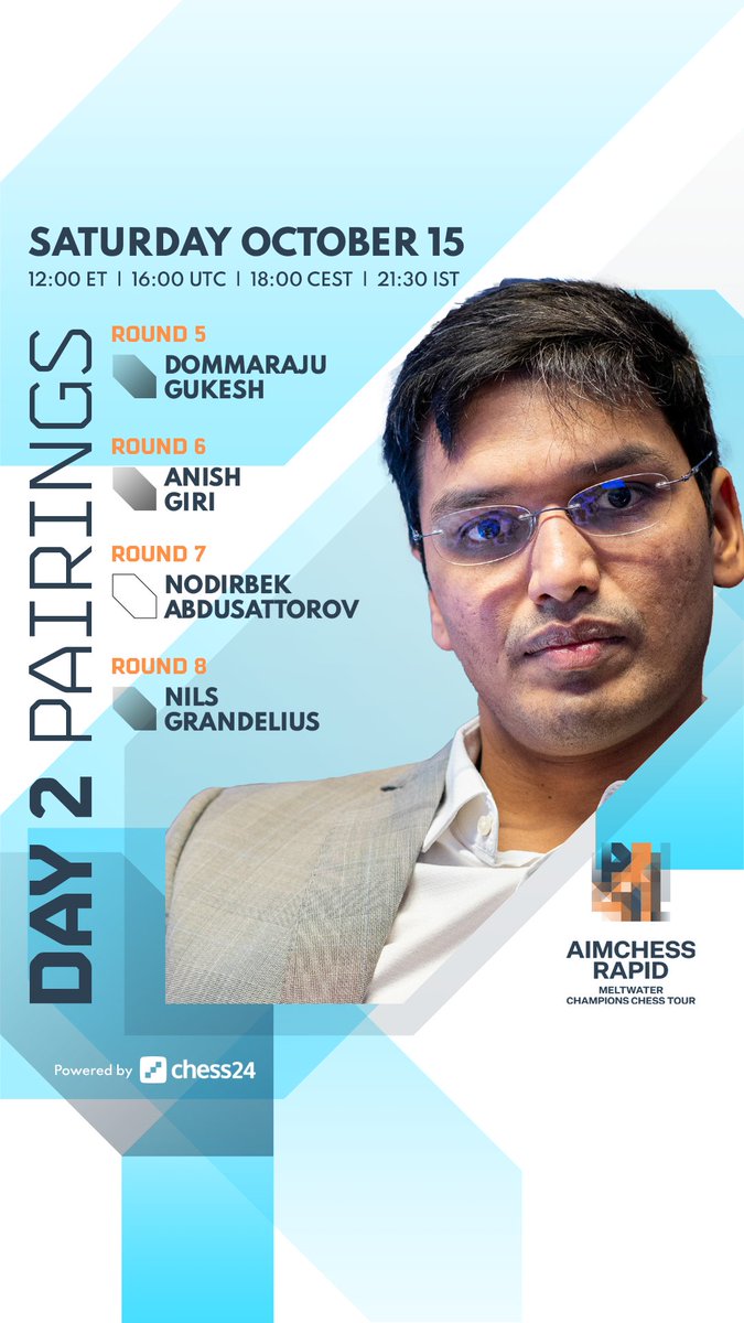 HariChess's tweet photo. Day 2 pairings.
#ChessChamps #aimchess https://t.co/WraVJE0oGp
