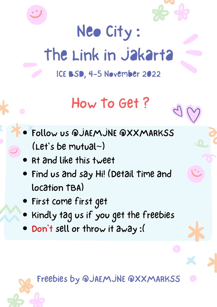 jaemjne's tweet photo. ミ FREEBIES : THE LINK IN JAKARTA 

by @jaemjne @xxmarkss 

for NCTZens, especially markfs &amp; sunflowers✨

🗓️ : 4 &amp; 5 november 2022
📍 : ICE BSD
⏰ : TBA

rt and likes
details on pict below😍
see you all on november💚 💚

#TheLinkinJakarta 
#NEOCITY_THE_LINK_JKT @NCTsmtown_127 https://t.co/ORy2f4iWhE