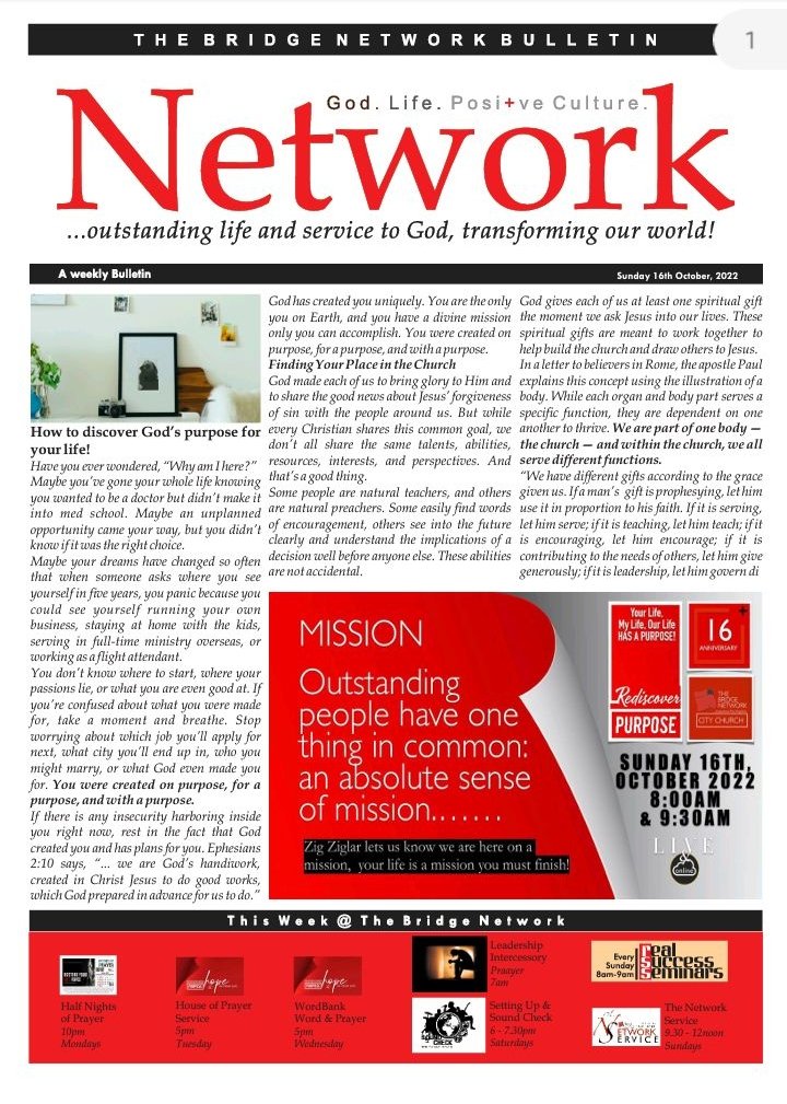 DBridgeNetwork's tweet photo. @FrancisMadojemu @segunakredot @seunopadare @BabateyeA @AjayiOpeTunde @tommiebanji @AkoffeJ @JoshuaOyesola @betaservio @okuyiga_olumide The Bridge Network Bulletin 16th October, 2022. Do have a great Sunday & a great week ahead. #TBN #OutstandingLife&ServiceTransformingOurWorld https://t.co/fJIG7ZvcVR