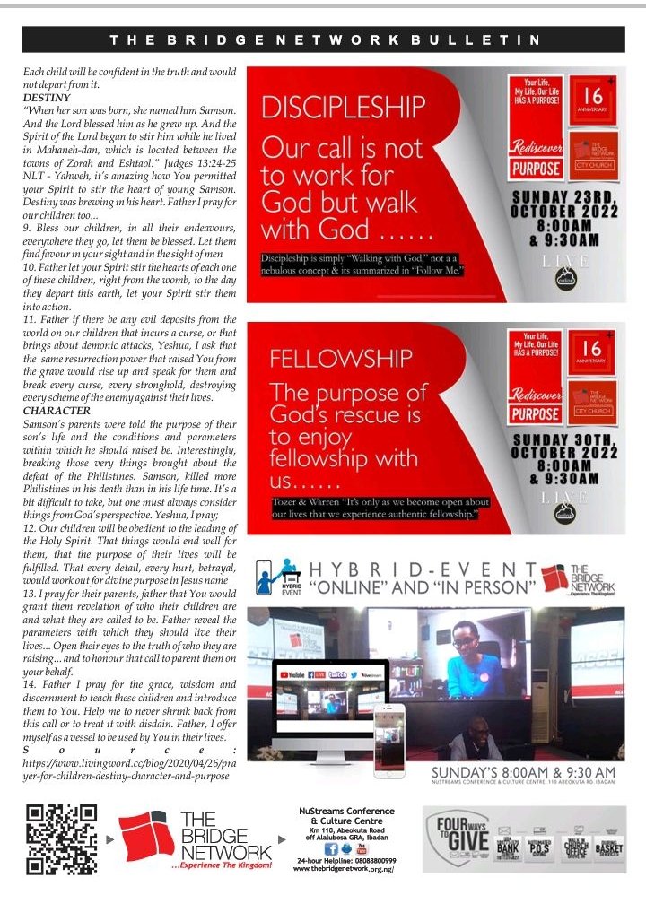 DBridgeNetwork's tweet photo. @FrancisMadojemu @segunakredot @seunopadare @BabateyeA @AjayiOpeTunde @tommiebanji @AkoffeJ @JoshuaOyesola @betaservio @okuyiga_olumide The Bridge Network Bulletin 16th October, 2022. Do have a great Sunday & a great week ahead. #TBN #OutstandingLife&ServiceTransformingOurWorld https://t.co/fJIG7ZvcVR