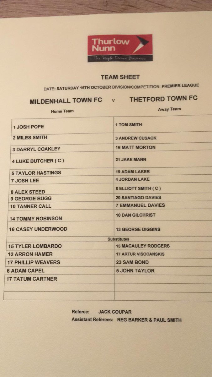 MildenhallTown's tweet photo. Todays lineups for @MildenhallTown  vs @ThetfordTownFC 

#upthehall https://t.co/zkbY0Cmdgl