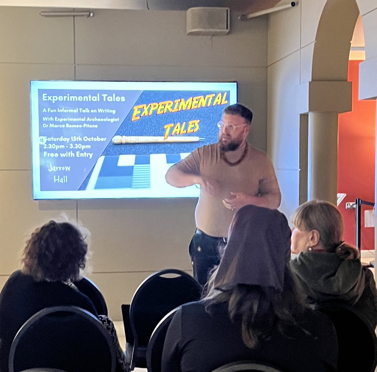 JarrowHall's tweet photo. Experimental Tales is under way with our very own Project Manager of Archaeology, Dr Marco Romeo-Pitone. This week Marco is discussing different forms of historical writing. 👏 ✍️ 
#ExperimentalArchaelogy  #Scriptorium 
#Museums https://t.co/E6kGgc0hMZ