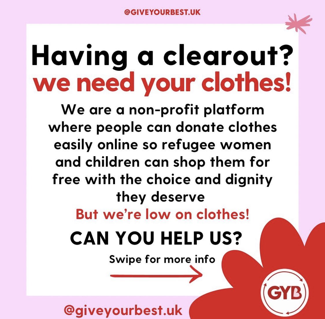 giveyourbest_uk's tweet image. Can you help? We need your clothes! 

We are low on donations on our platform and need to replenish our stocks so that refugee women can continue to shop your clothes, for free! 💖