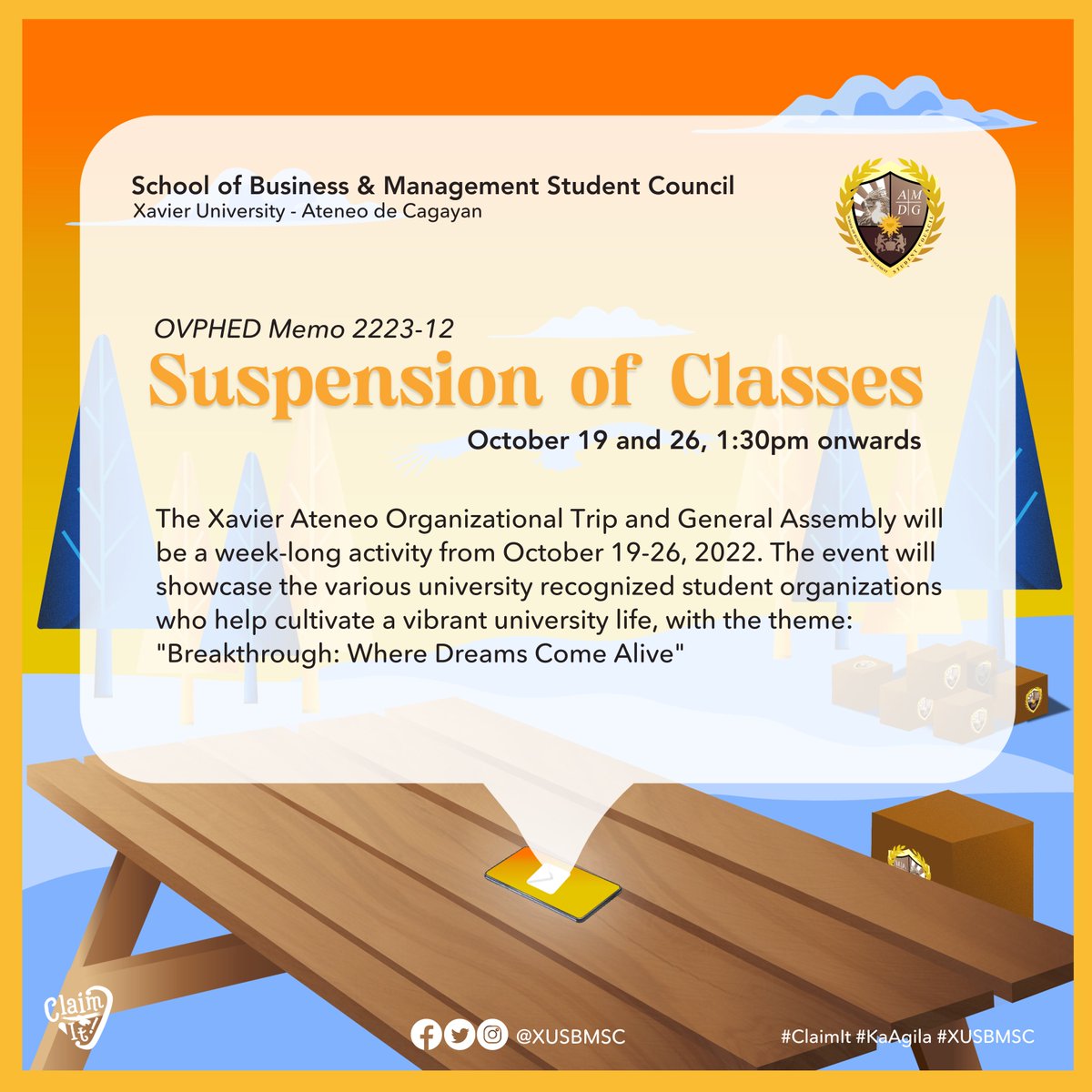 XUSBMSC's tweet photo. Ka-SBM Updates โผ๏ธ
OVPHED Memo 2223 - 12
Suspension of classes (Oct 19 and 26, 1:30 pm onwards)
Organizational Trip and General Student Assembly
Please be guided.
#XUSBMSC
#KaAgila
#ClaimIt https://t.co/RNZeirF0N3