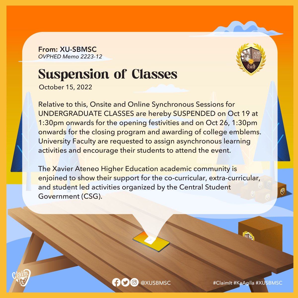XUSBMSC's tweet photo. Ka-SBM Updates โผ๏ธ
OVPHED Memo 2223 - 12
Suspension of classes (Oct 19 and 26, 1:30 pm onwards)
Organizational Trip and General Student Assembly
Please be guided.
#XUSBMSC
#KaAgila
#ClaimIt https://t.co/RNZeirF0N3