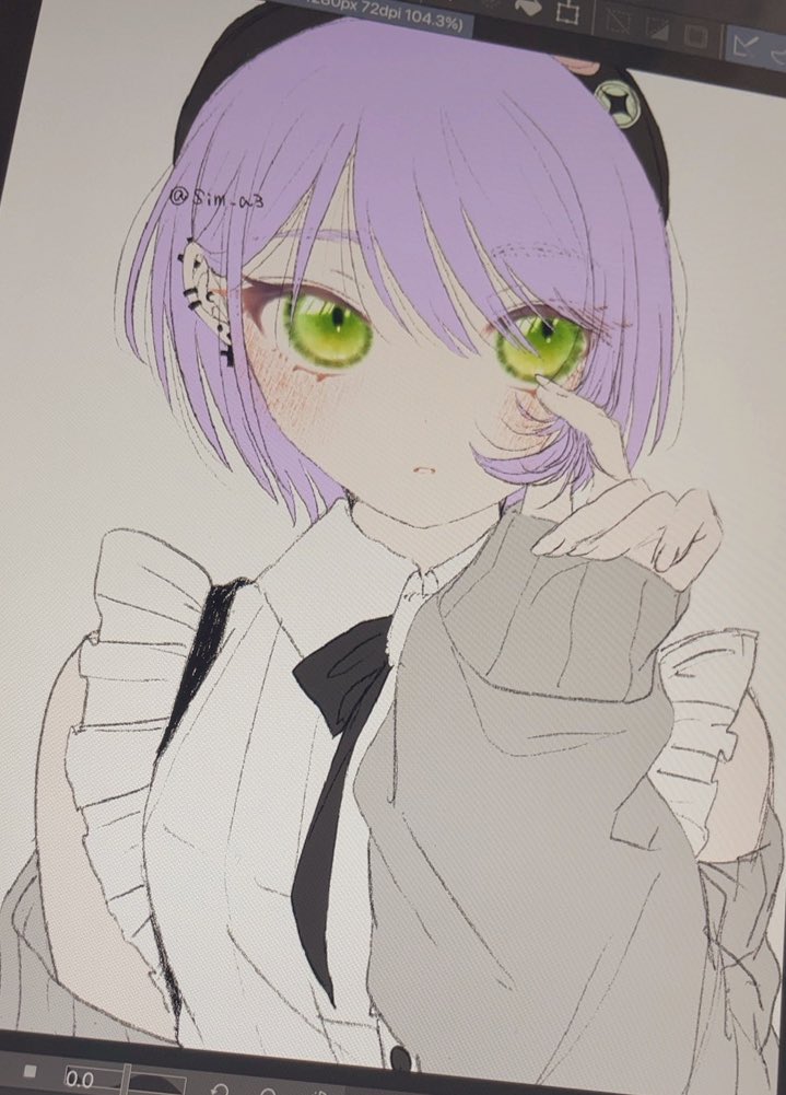 tokoyami towa 1girl solo green eyes purple hair shirt short hair hat  illustration images