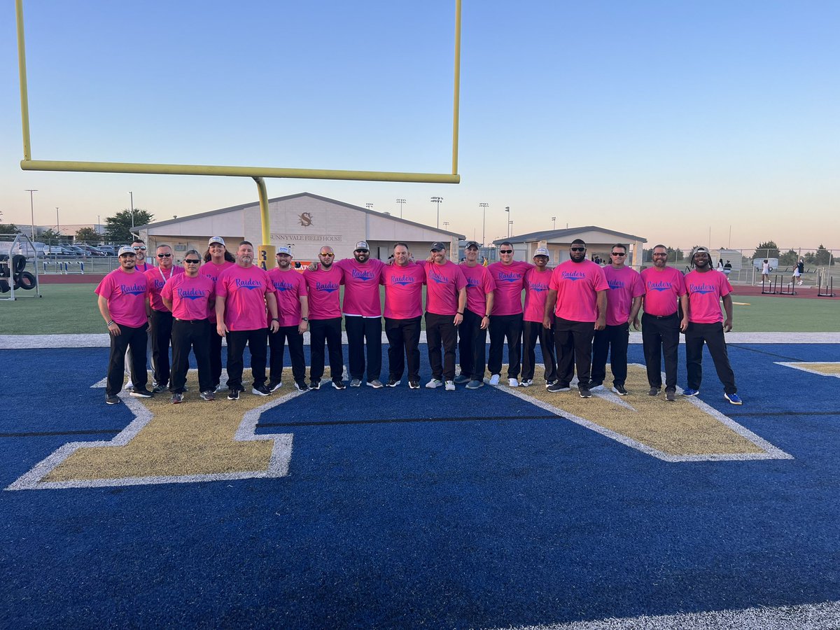 Been coaching for 33 years. I am BLESSED to have a staff of men that loves kids and makes an impact every day. I may have looked like a wad of chewed bubble gum in my shirt last night but we got a big HOCO win and got to represent in the fight against Cancer. 
#raidersrise