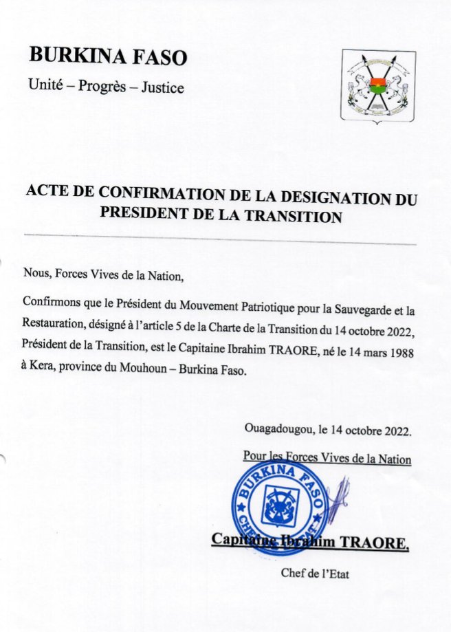 sigbf's tweet image. Acte de confirmation de la désignation du Président de la Transition.

#Com_Gouv_BF 
#SIGBurkina 
#BurkinaFaso