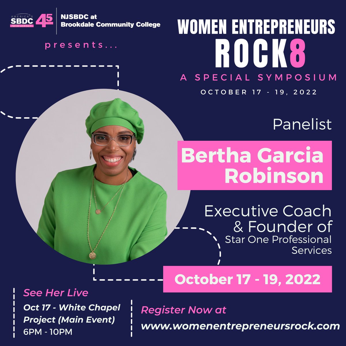 Our final panelist is last but certainly not least. In fact, she is STAR ONE! ⭐️

Meet Bertha C. Garcia-Robinson, founder of <a href="/Star1PROF/">StarOneProfessional</a> ! President of <a href="/NJAWBO/">NJAWBO</a> she helps business leaders move beyond goal setting. See her live Monday! #NewJersey #NJ 

ce.brookdalecc.edu/search/publicC…