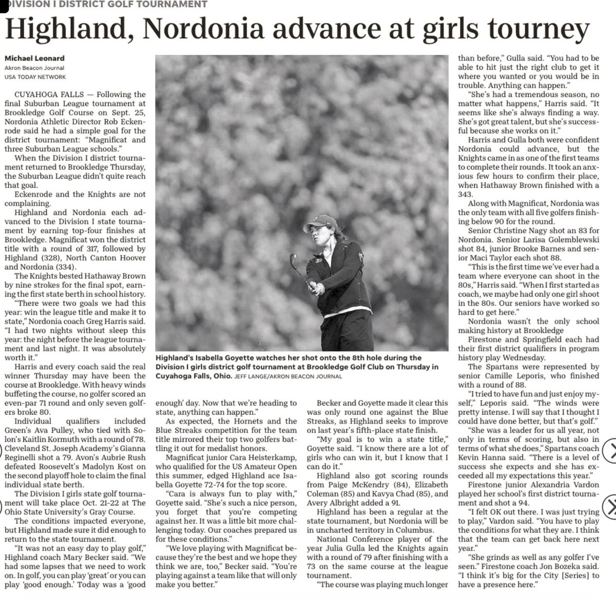 Here’s the print copy of yesterday’s Beacon Journal article.B&amp;W photo not as nice as online version posted yesterday, but nice comments from Isabella and Coach, particularly about our friends ⁦<a href="/CaraHeisterkamp/">cara heisterkamp</a>⁩ ⁦<a href="/MagnificatGolf/">Magnificat Golf Team</a>. Congrats again ⁦<a href="/NordoniaHSgolf/">Nordonia Girls Golf</a>⁩