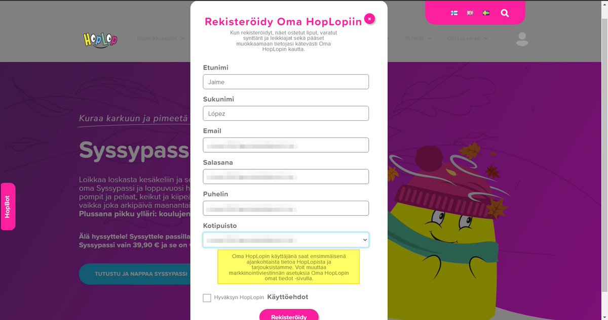 Hei <a href="/hoplopsuomi/">HopLop</a> eikö tämä ole törkeä GDPR artiklan 7 rikkomus? Pakotatte käyttäjiä suostumaan markkinointiviestintään