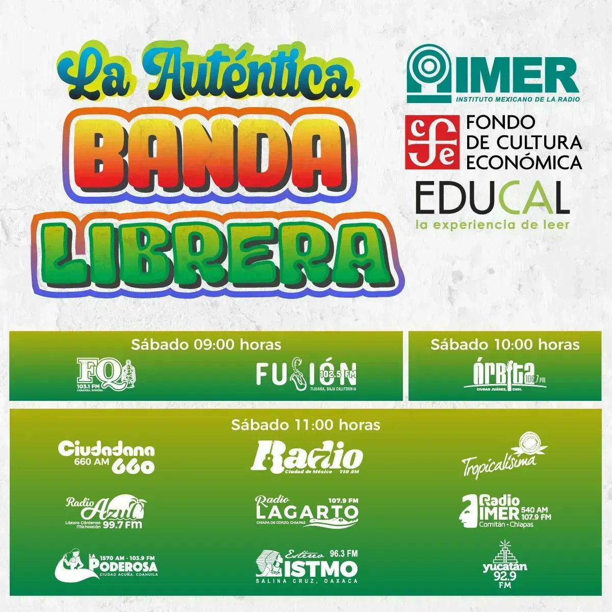 imerhoy's tweet photo. Los sábados llega #LaAutenticaBandaLibrera, un programa ligero y desparpajado con @Taibo2, @elimonpartido y @lamuschacha @FCEMexico @LibreriasEducal
#PrendeLaRadio en las distintas estaciones y en la app 📻🎧 #LeerTransforma #IMERcontigo #SomosRadioPública https://t.co/a1yDaifIaS