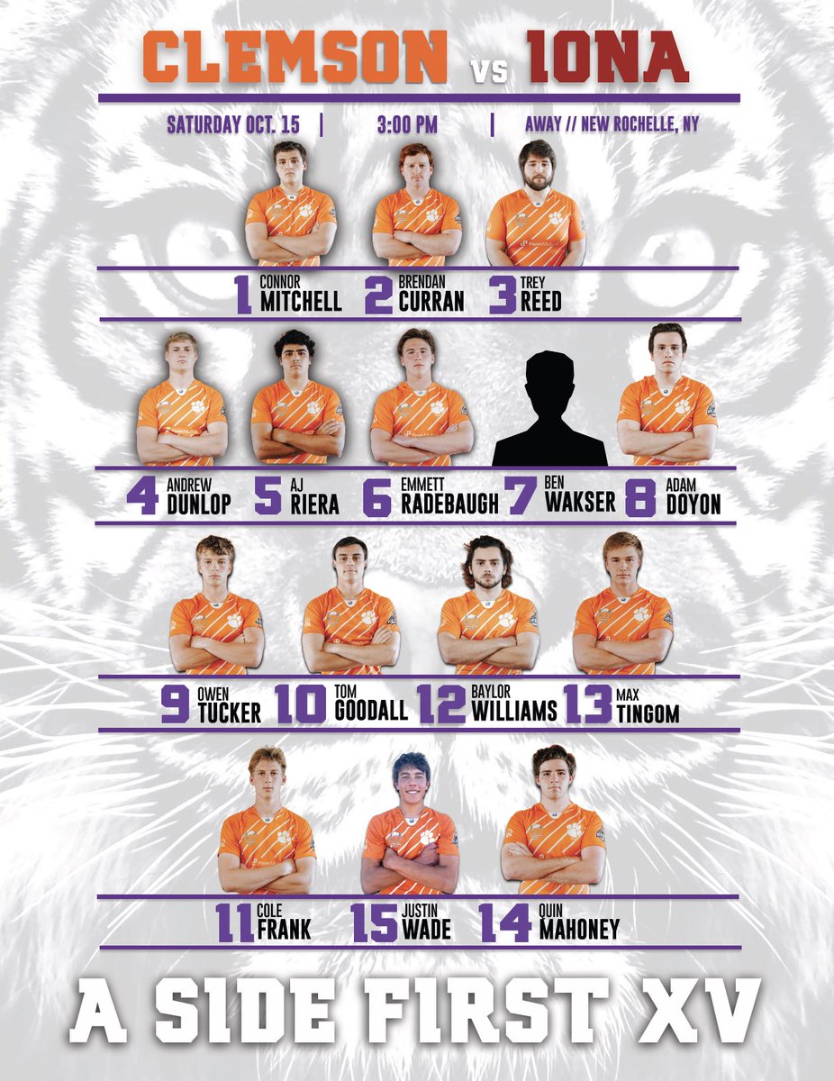ClemsonRugby's tweet photo. ROSTER ANNOUNCEMENT 

Saturday is a rugby day! 

⏰ 3:00pm 
📍 Mazella Field, New Rochelle, NY
📺 ESPN 3 https://t.co/mI1L8MRCXd