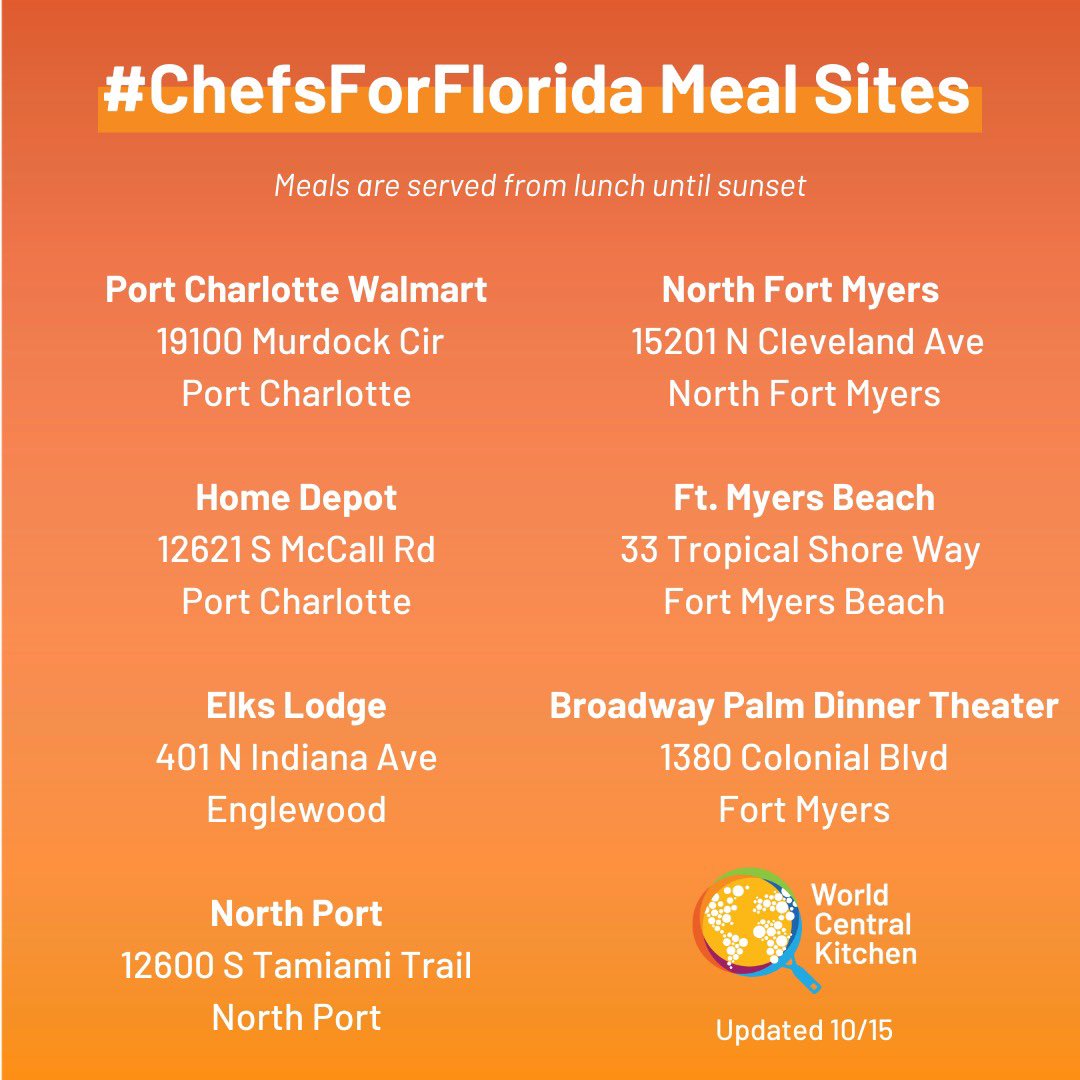 Here are WCK’s updated meal service locations in southern Florida! We’ll be at these sites with nourishing meals for residents impacted by Hurricane Ian from lunch until about 5pm. #ChefsForFlorida