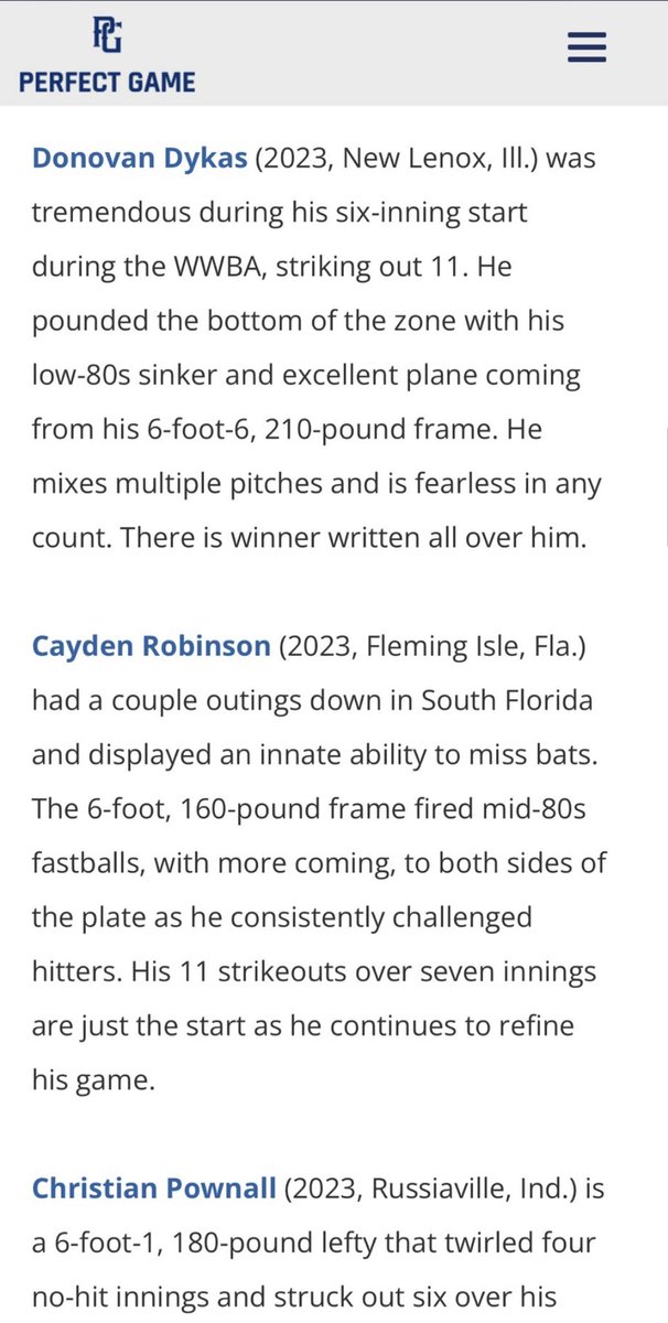 Donovan Dykas (@donovandykas44) on Twitter photo Huge thanks to <a href="/PG_Scouting/">Perfect Game Scout</a> for the write-up. Had a great experience down in Jupiter, FL.
<a href="/PG_Illinois/">Perfect Game Illinois</a> <a href="/CangelosiSparks/">Cangelosi Sparks</a> Huge thanks to <a href="/PG_Scouting/">Perfect Game Scout</a> for the write-up. Had a great experience down in Jupiter, FL.
<a href="/PG_Illinois/">Perfect Game Illinois</a> <a href="/CangelosiSparks/">Cangelosi Sparks</a>