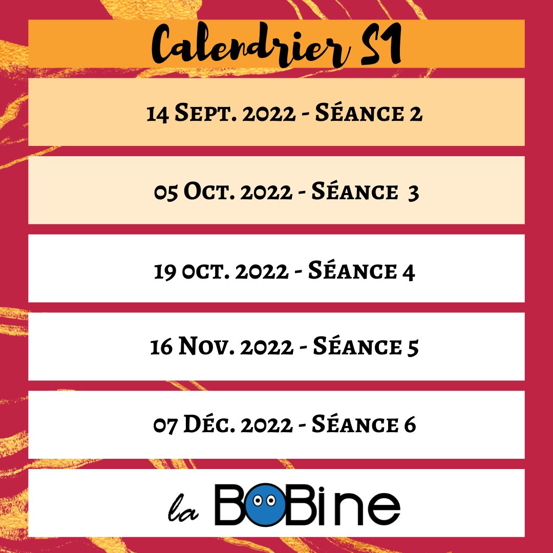 [ Calendrier des séances du S1 ]

📣 A vos agendas 📣

Voici le calendrier des séances du premier semestre !

📍RDV à Tonnellé à partir de 18h 

On se retrouve à la prochaine séance 😉