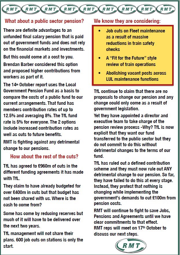 The latest bulletin from @RMTLondon following TfL’s 69 page pension brief released yesterday. Keep up the fight✊🏼