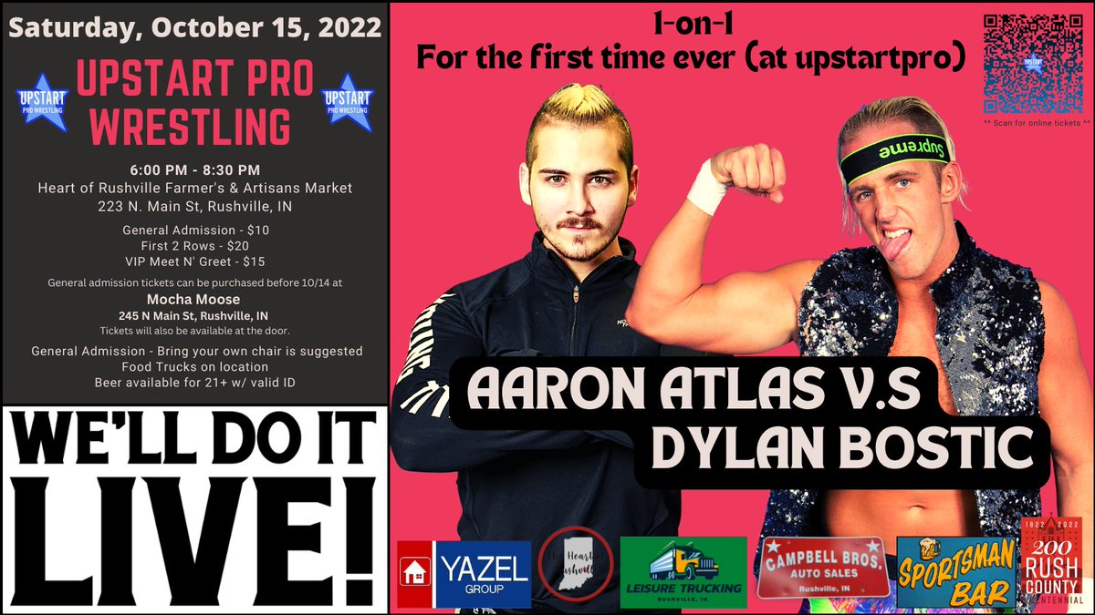 One first-time matchup will have to wait, luckily for everyone #UpstartPro always has insurance. TONIGHT, facing the multidimensional MEGASTAR <a href="/RushvilleInd/">City of Rushville</a>'s own <a href="/Dylan_Bostic/">Dylan Bostic</a> will be "THE TITAN of UpstartPro" @aaronatlasindy!