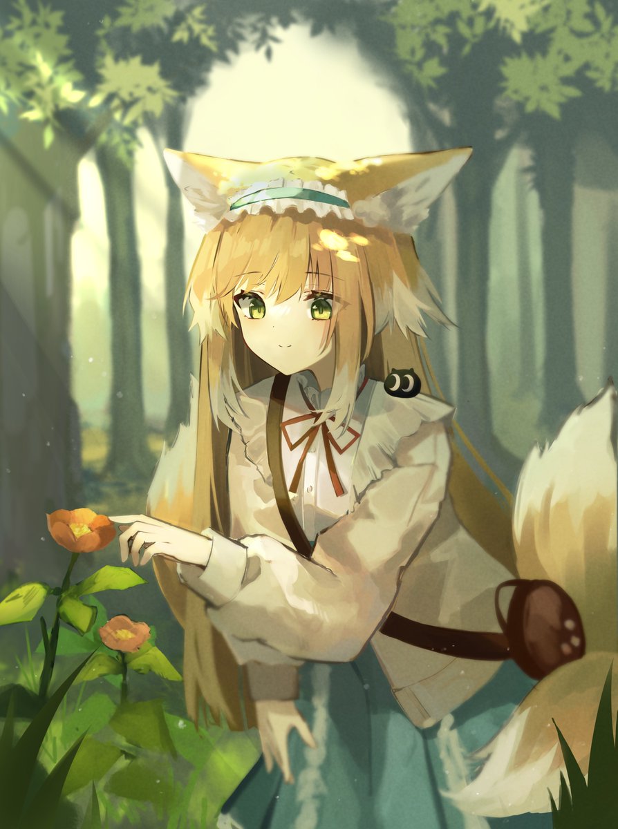 suzuran (arknights) 1girl animal ears fox ears tail flower fox tail long hair  illustration images
