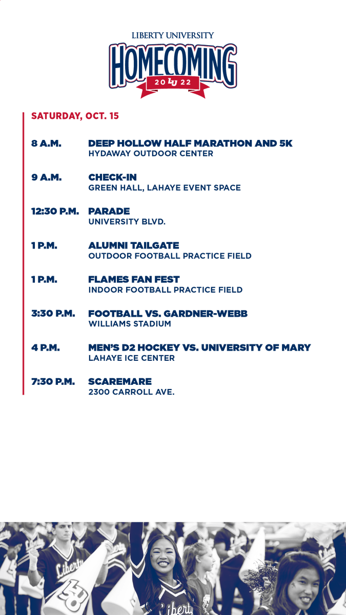 LibertyU's tweet photo. Here is a look at our Saturday Homecoming festivities! We’re ready for a day filled with fun and football here on Liberty Mountain.🔥🏈🎉 #LUHC22 #LibertyUniversity https://t.co/6Hd9Q8bikq