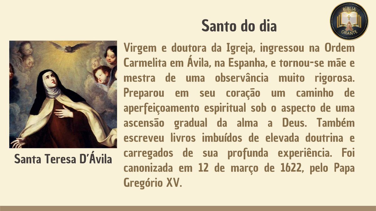Ó doutora da oração, ensinai àqueles que te procuram uma vida contemplativa que alcança a cada um em sua própria realidade. Convocai as almas para se entregarem verdadeiramente na intercessão. Que através da oração possamos encontrar a vontade de Deus. Amém!